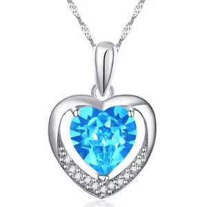 HALSKETTE 925 STERLING SILBER PLATTIERT BLAU HERZ KETTE ZIRKONIA DAMEN SCHMUCK - Bild 1 von 7