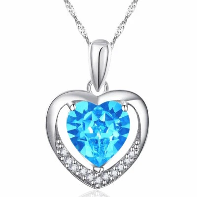HALSKETTE 925 STERLING SILBER PLATTIERT BLAU HERZ KETTE ZIRKONIA DAMEN SCHMUCK - Bild 1 von 4