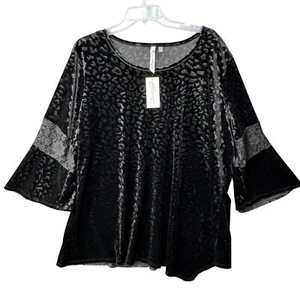 Top donna nero velluto stampa leopardata con maniche a campana in pizzo by NY collezione 3X - Foto 1 di 10