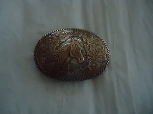 Vintage Crumrine Bronze & Silverplate Western Style Belt Buckle Horse Head - Picture 1 of 3
