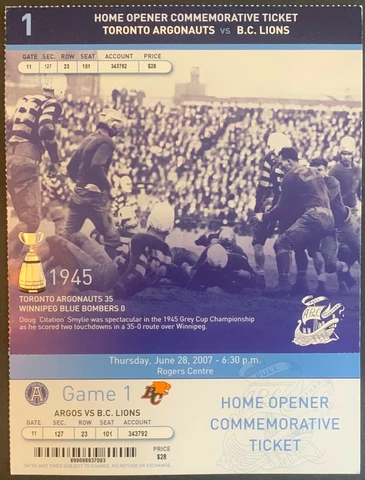 2007 CFL Football Toronto Argonauts Home Opener Commemorative Ticket Argos Lions Cover