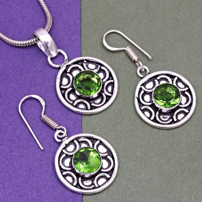 Peridot   Gemstone Pendant Jewelry Set Quartz Necklace 18-20'' - Image 1 of 4