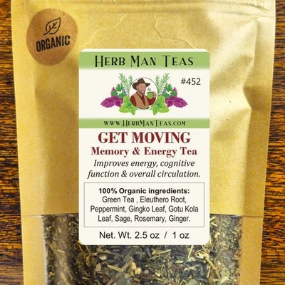 HERB MAN TEAS GET MOVING TEA -Memory & Energy Tea to improve focus, memory by master herbalist