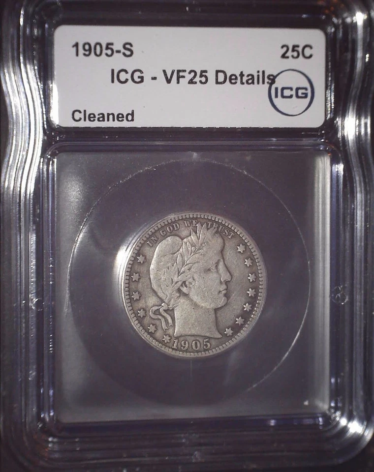 1905-S Barber Quarter, ICG VF25 , Tougher Date, Beautiful - Image 1 of 4
