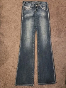 Cowgirl Tuff Indigo Bling Embroidered Barbwire Blue Denim Honeycomb Jeans 25x35 - Picture 1 of 10