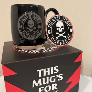 NEU Death Wish Kaffeebecher Tasse schwarz auf schwarz Totenkopf Logo Neu im Karton Aufkleber - Bild 1 von 8