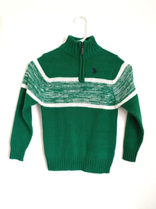 US Polo Assn. Boys White Green Sweater Size M (6) Knitted Neck Zip Pre-Owned - Picture 1 of 14