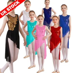 UK Girls Gymnastics Leotard Lyrical Dancing Costume Irregular Latin Dance Dress - Picture 1 of 59
