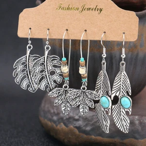 Green Red Turquoise Leaf Shaped Drop Earrings 3 Pairs Women Vintage Boho Jewelry - Picture 1 of 17