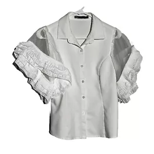 Ina Damen Bluse weiß Button Down Shirt mit Tüll Rüschen Kurzarm Small - Bild 1 von 7