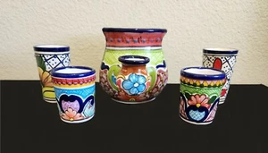 TALAVERA SIGNIERT MEXIKANISCHE KERAMIK SCHNAPSGLAS TEQUILA & SALZHALTER TOPF 5-TEILIGES SET - Bild 1 von 8