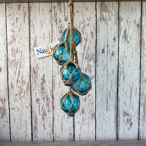 5 x 2" Aqua Glass Fishing Floats On Rope, Nautical Fish Net Decor, Light Blue - Picture 1 of 7