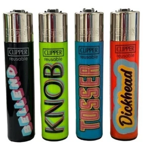 4 X NAUGHTY WORDS CLIPPER LIGHTERS - Full Set Refillable Gas Lighter RARE DESIGN - Picture 1 of 1