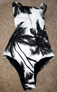 womens NEW NWT black white 1 pc SWIM SWIMMING SUIT medium PALM TREES PADDED BRA - Picture 1 of 2