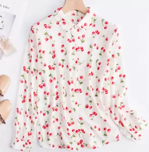 Langarmshirt mit Kirschdruck 100 % echte Seide Damen Maulbeer Seide Tops Shirt - Bild 1 von 14