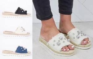 SANDALIAS DE MUJER ALPARGATA PLANAS DE MEZCLILLA CON DIAMANTES ADORNADAS - Imagen 1 de 28