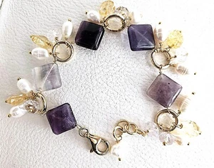 bracciale in argento 925 vermeil, fluorite, quarzo citrino e perle naturali - Foto 1 di 6