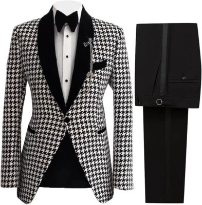 2 Pieces Houndstooth Men's Suit Slim Groom Tuxedo Wedding Blazer Jacket Vest Set - Image 1 of 4