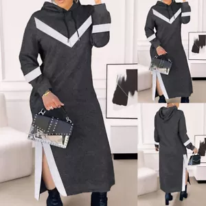 Womens Hooded Split Sweatshirt Dress Long Sleeve Loose Pullover Jumper Dresses - Picture 1 of 17