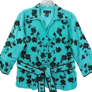 Silkland bestickte Jacke groß türkis grün 100 % Seide Blumen Blazer Gürtel - Bild 1 von 10