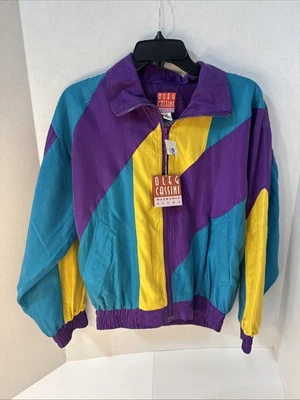 Jaqueta corta-vento vintage Oleg Cassini color block roxa azul-petróleo amarelo tamanho pequeno - Imagem 1 de 4