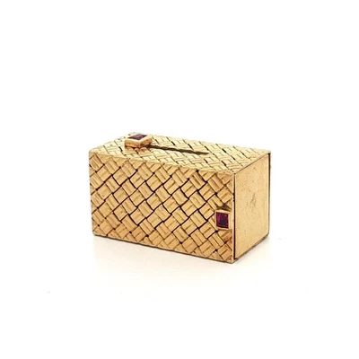 Vintage 18k Yellow Gold Ruby Basket Weave Textured Slide Rectangular Pill Box - Image 1 of 4