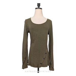 Y2K Thermal Long Sleeve Top S Olive Green Scoop Buttons Knit Twilightcore Elena - Picture 1 of 9