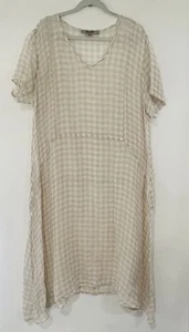FLAX Lagenlook Hi-Low Linen Maxi Dress V-Neck Short Sleeve Beige White Check 1G - Picture 1 of 11