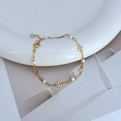 Tory Burch 18K Gold Brass TB Logo & Pearl Chain Bracelet💛🤍 - Image 1 of 2