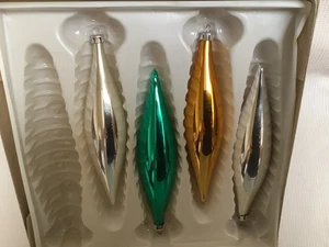 Vintage Christmas Ornaments Blown Glass Teardrop 5" Poland Silver Green Gold - Picture 1 of 8