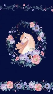 Michael Miller Mystical Meadow Blue Unicorn Cotton Quilt Fabric Panel 24" x 43" - Picture 1 of 1