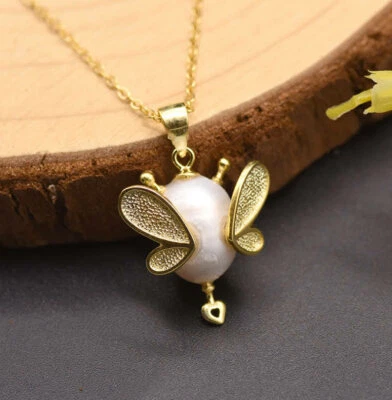 B15 Ape Acqua Dolce Perla Collana Dorato Argento Sterling 925 - Immagine 1 di 3