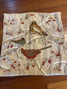 POTTERY BARN EMBROIDERED BEADED BIRDS FALL/CHRISTMAS PILLOW COVER 24X24