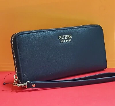 NUEVO CON ETIQUETAS ADIVINA Plateado Logo Bolso de Mano Cremallera Alrededor NEGRO Cuero Guijarro Cartera Muñequera   Foto 1 de 4