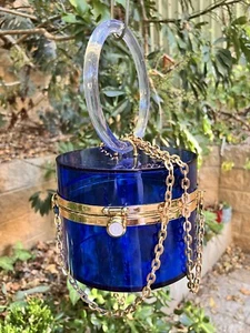 Bucket Bag Clear Blue Acrylic Resin Top Handle Crossbody Bag Chain Handbag Round - Picture 1 of 13