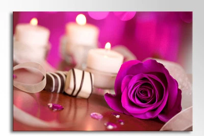 LARGE BEAUTIFUL FLORAL CANVAS PICTURE PURPLE ROSES FLOWERS WHITE CANDLES PRINT - Image 1 of 2