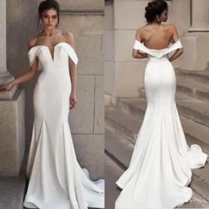 Simple Mermaid Wedding Dresses Off The Shoulder Sleeveless Satin Bridal Gowns - Picture 1 of 9