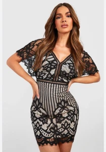 BOOHOO BOUTIQUE Black lined Crochet Lace Mini Party Dress Size 12/14 BNWT new - Picture 1 of 10