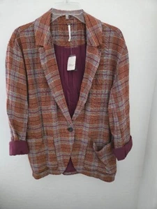 FREE PEOPLE Simply Plaid Linen Blend Blazer in Pomegranite Combo Size XS NWT - Picture 1 of 2