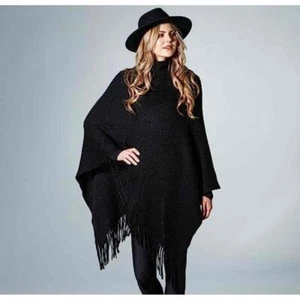 NWOT Elan Black Fringe Knit Bohemian Poncho Sweater Shrug One Size Women’s - Picture 1 of 7