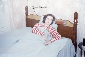 35MM Slide 1950s Kodachrome Red Border Woman In Bed With Hanging Light Cute - Picture 1 of 1