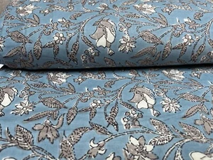 Indian Grey Hand Block Print Cotton Fabric Natural Handmade Sanganeri 2.5 Yard - Picture 1 of 11