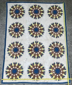 Vtg Quilt Mariners Compass Hand Quilted Blue Yellow Cutter Crafts 93x71 - Picture 1 of 22