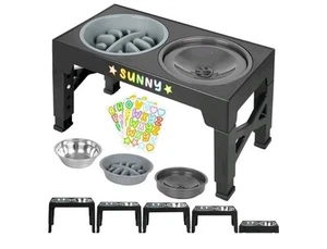 3-in-1 Elevated Slow Feeder Dog Bowls - No Spill Water Bowl + Stainless Steel... - Picture 1 of 7