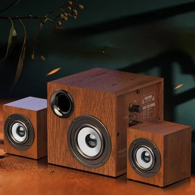 Bluetooth Computer Speaker with Subwoofer, Wooden Stereo - Image 1 of 4