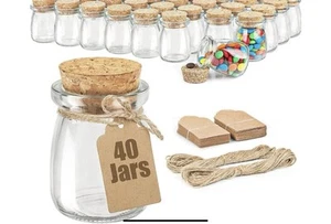 Paquete de 40 frascos de vidrio Favor con tapa de corcho, cordel y etiquetas 3,4 oz pequeños transparentes NUEVO - Imagen 1 de 3