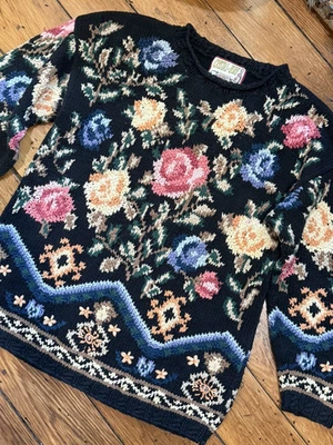 CRYSTAL-KOBE Women's LARGE Black Vintage Floral  Knit Sweater Grandma Vintage - Image 1 of 4