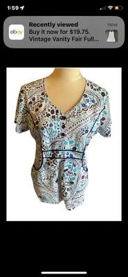 Peaches Scrub Top White Navy & Lt Blue Floral Elastic Back Medium - Image 1 of 4