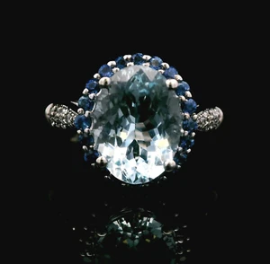 14KT White Gold Aquamarine, Sapphires, & Diamonds Ring - Size 6.5 - 3.25g - Picture 1 of 11