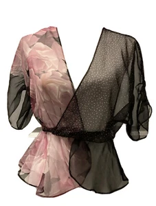 Vintage 70er transparente schwarz & rosa Blumen & Punkte Stevie Hippie Festival Jacke Gr. S - Bild 1 von 8